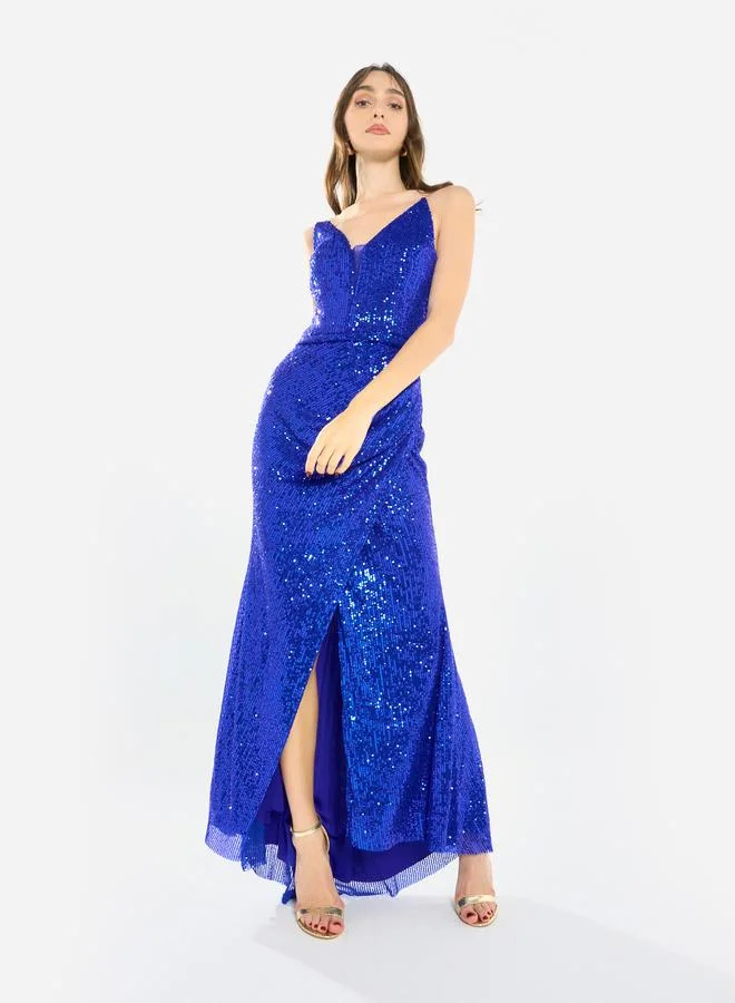 House of Moda Women Sequin Strappy Drape Maxi Dress